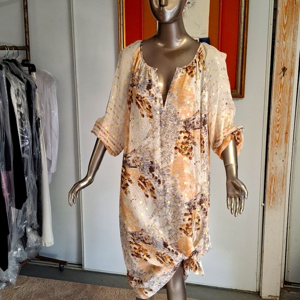 Vintage 70's boho silk chiffon print dress sheer with nude silk underslip